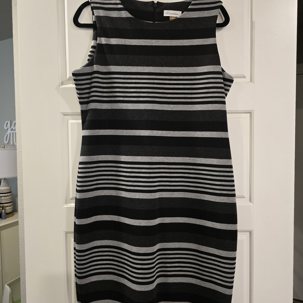Calvin Klein Black & Gray Striped Sheath Dress.